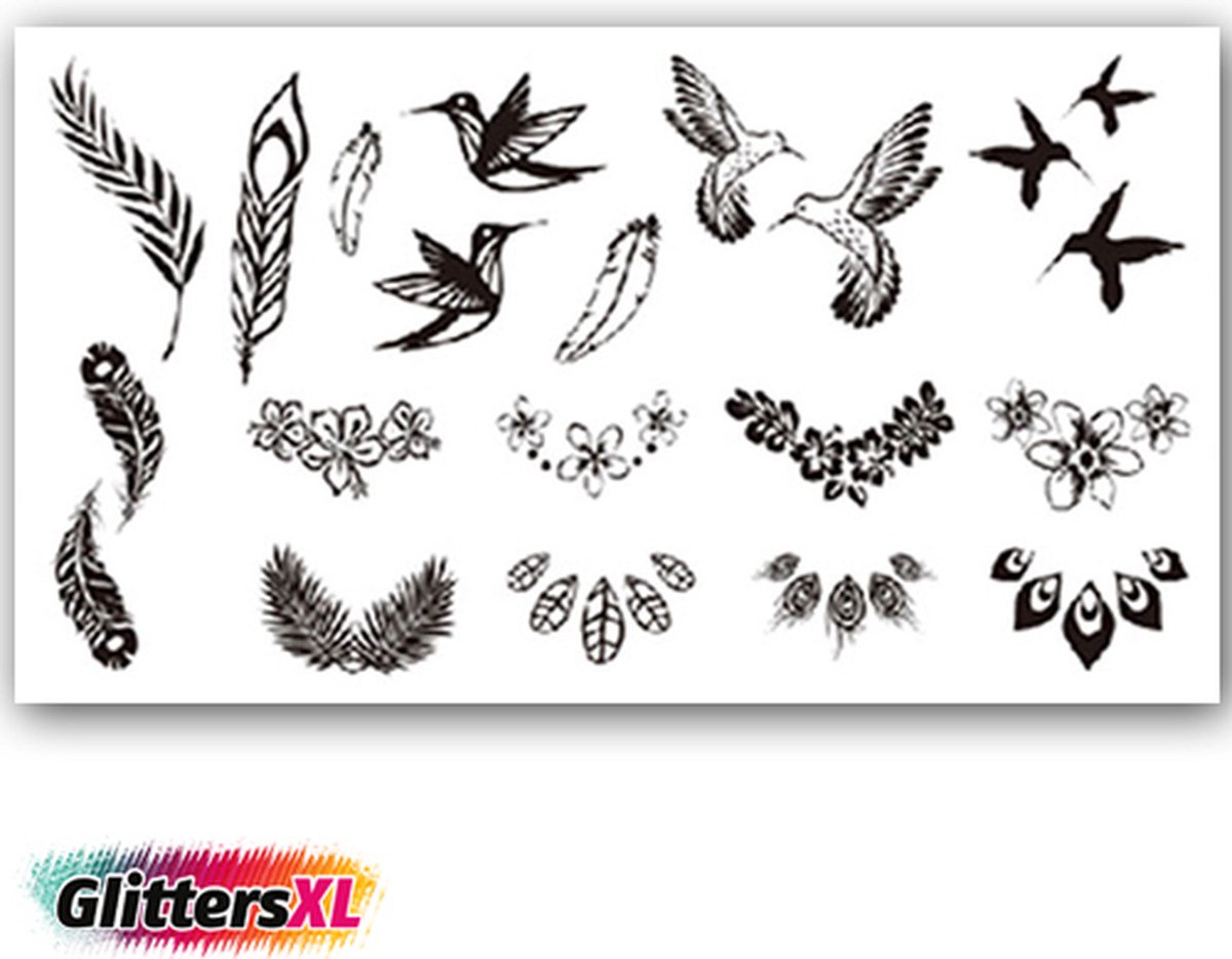 GlittersXL - Temporary Tattoo Vogels/Veren (11x6cm) [Neptattoo - Tijdelijke tatoeage - Nep Fake Tattoos - Water overdraagbare festival sticker henna outfit tattoo - Glitter tattoo - Volwassenen Kinderen Jongen Meisje]